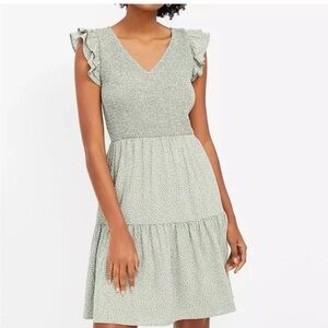 LOFT Sage green tiered smocked polka dot flutter sleeve summer Mini Dress